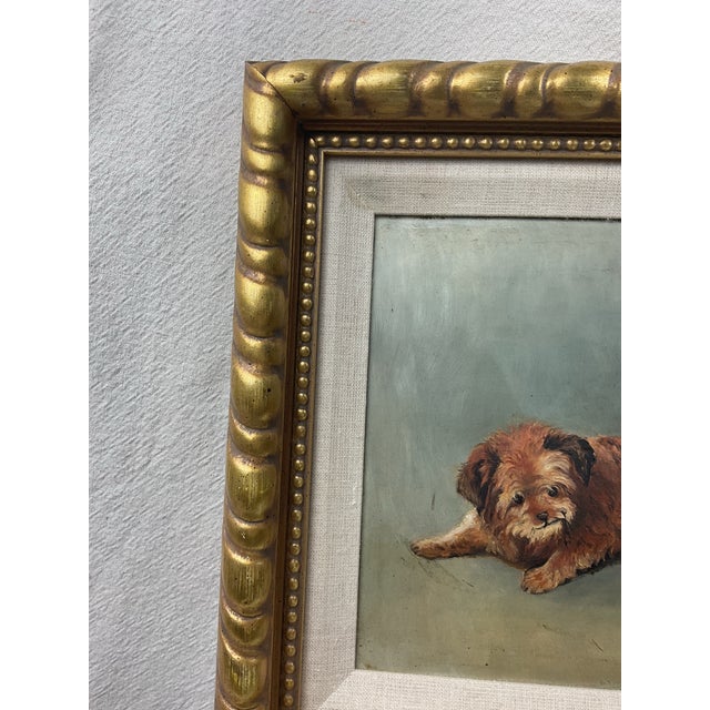 Antique Oil Painting on Board of Playful Pups in Nice Gold Gilt Frame For Sale - Image 4 of 9