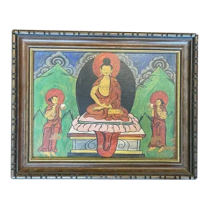 Mid 20th Century Buddhist Temple Painting in Vintage Frame