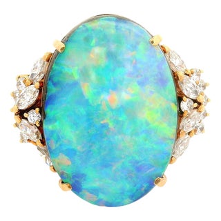 17.50 Carat Australian Boulder Opal Diamond 18k Yellow Gold Ring, Size 7.25 For Sale