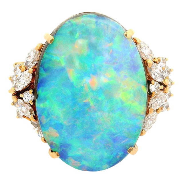 17.50 Carat Australian Boulder Opal Diamond 18k Yellow Gold Ring, Size 7.25 For Sale