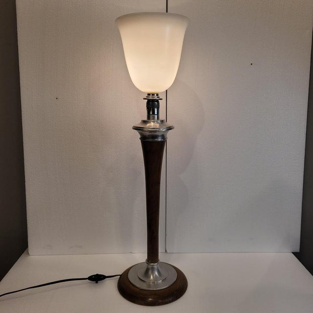 Art Deco Table Lamp in Wood and Opaline Glass from MAZDA, France, 1920s For Sale - Image 6 of 18