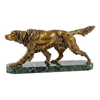 English Spelter Setter Sculpture on Green Marble Base, 1930s For Sale