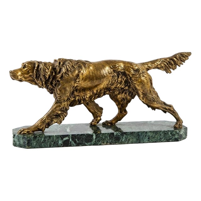 English Spelter Setter Sculpture on Green Marble Base, 1930s For Sale