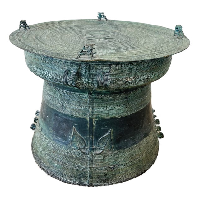 Vintage Asian Style Patinaed Bronze Rain Drum Table For Sale