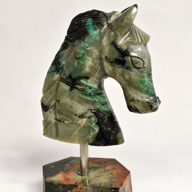 2020s Gemstone Emerald Horse Bust Sculpture Olive Black Hand Carved For Sale - Image 5 of 11