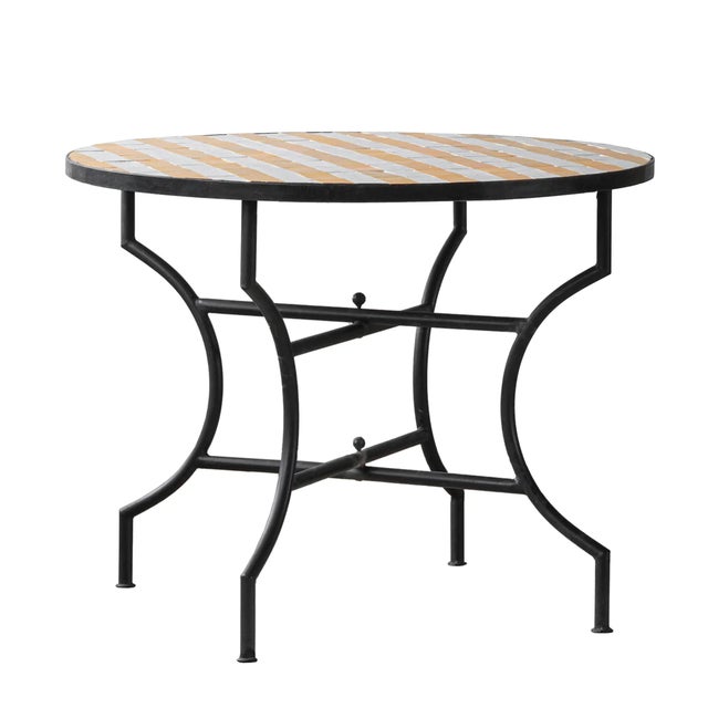 Matthew Izzo Home Moroccan Zellige Yellow and White Striped Tile and Iron X Base 40" Round Bistro Table For Sale - Image 4 of 4