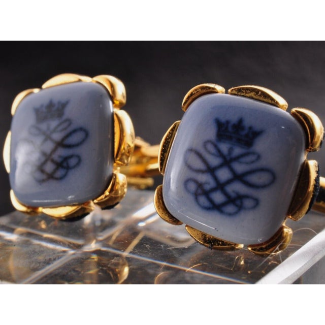 White Vintage Royal Danish Copenhagen Gold Plate & Porcelain Cufflinks Circa 1980 For Sale - Image 8 of 12
