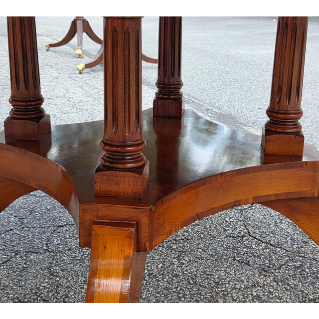 Mid 20th Century 72" English Regency Revival Figured Elm Sunburst Center Pedestal Dining Table on Brass Casters For Sale - Image 5 of 16