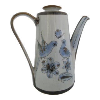 Ken Edwards El Palomar Blue Stoneware Bird & Flower Mexican Pottery Coffee Pot For Sale