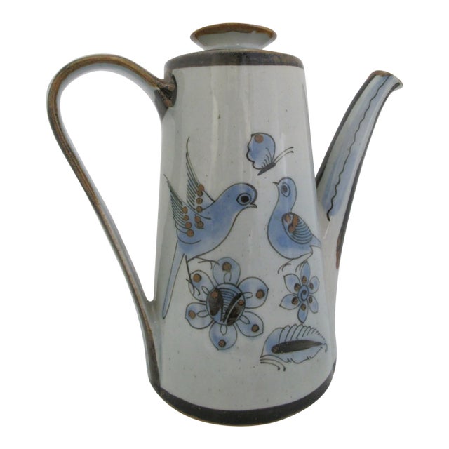 Ken Edwards El Palomar Blue Stoneware Bird & Flower Mexican Pottery Coffee Pot For Sale