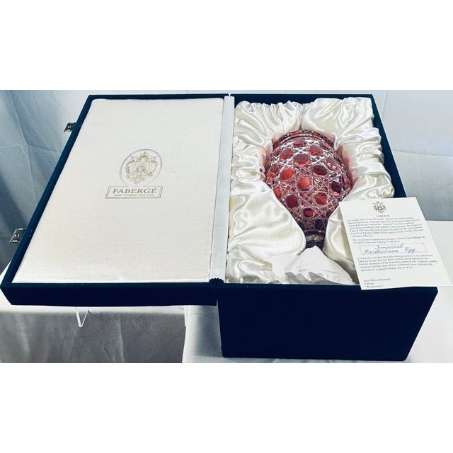 Hollywood Regency Revival Imperial Ruby Crystal Egg, Bonbonniere, Candy Dish Etched Base With "Faberge" With Original Presentation Box & Certificate For Sale - Image 3 of 18
