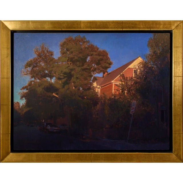 The painting captures a quiet residential street at dusk, where a warm, red house emerges from the embrace of lush green...