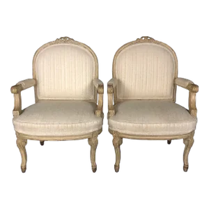 Louis XV Neoclassical Style Cream Painted French Bergere Arm Chairs -A Pair