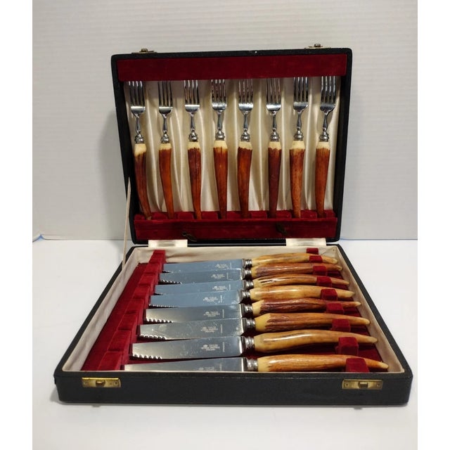 Wood Taylor Witness Sheffield 16pc Stainless Steak Knife Fork Set, Stag Wood With Case For Sale - Image 7 of 12