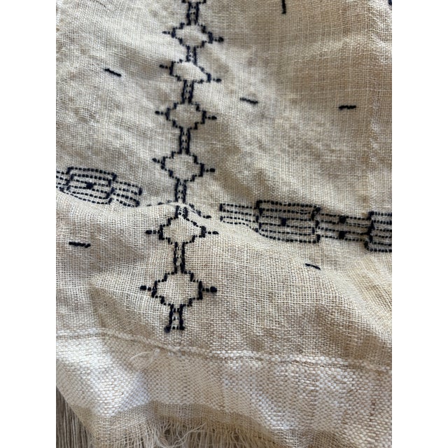 Sand Vintage Handwoven Textile With Black Embroidered Detailing For Sale - Image 8 of 13