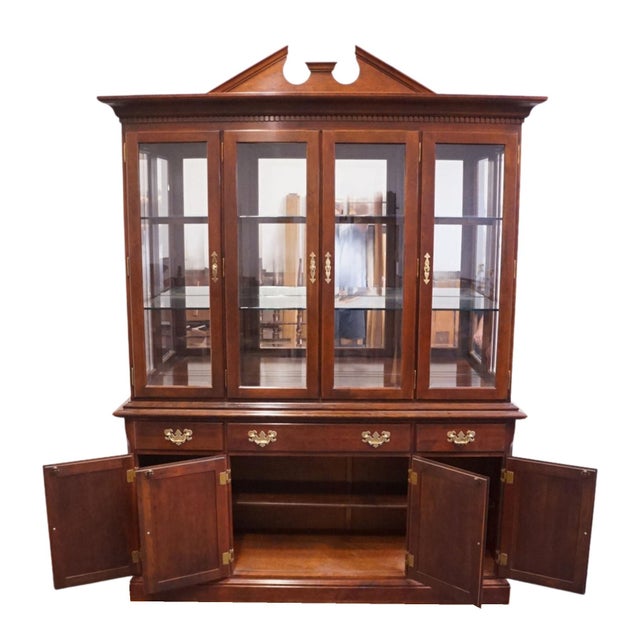 Wood Cresent Furniture Solid Cherry Traditional Style 75" Buffet W. Lighted Display Pediment China Cabinet 8252 8272 For Sale - Image 7 of 18