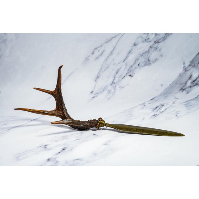 Impressive Large Antler Brass Desk Letter Opener Rustic Home Office Decor For Sale - Image 11 of 12