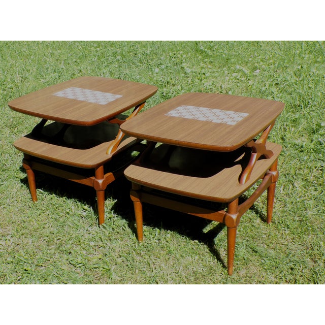 1960s Vintage Pair Reiss Mid Century Modern 2 Tier Tile Top Walnut Side Tables For Sale - Image 5 of 17