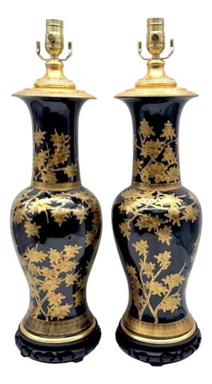 Pair Chinese Mirror Black Baluster Vase Lamps Gilt Prunus Decoration, Circa 1900