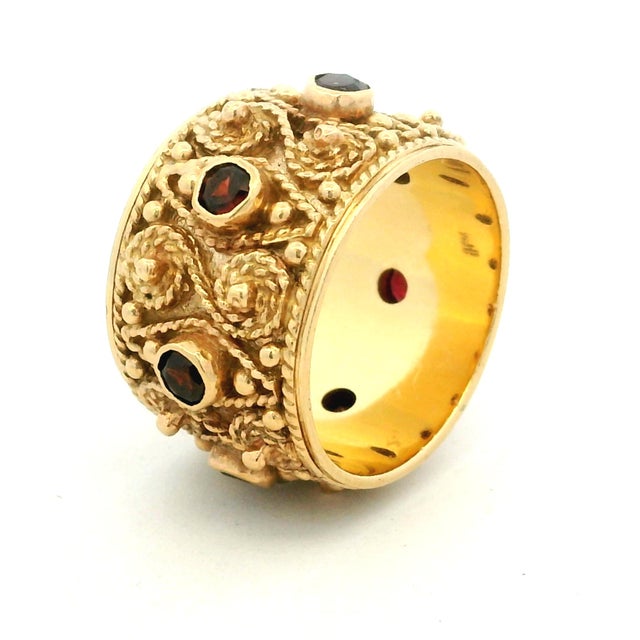 Gold Vintage 1970s Etruscan Revival 14k Gold Ruby Wide Band Ring, Size 7.5 For Sale - Image 8 of 10