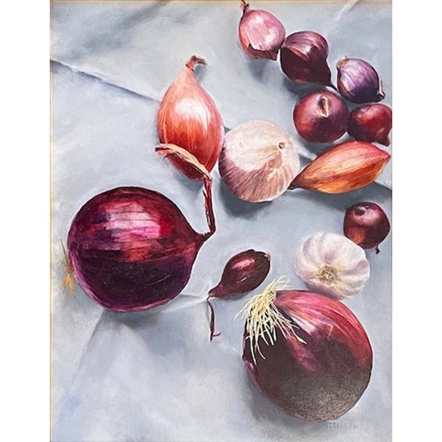 This oil painting captures a vibrant arrangement of various onions, showcasing their rich colors and textures against a...