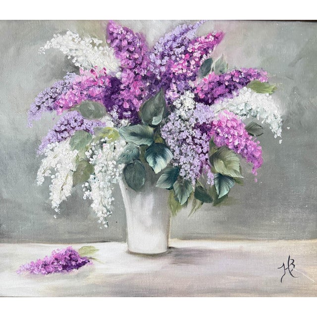 Beautiful antique still life oil paintings on lilacs on canvas. The painting is wonderfully executed and signed in the...