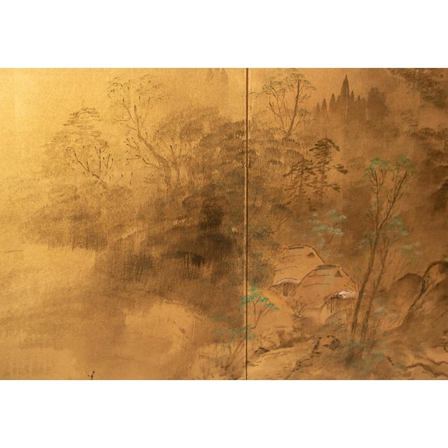 Goldenrod 1960s Shōwa Era Japanese Byobu Screen "Landscape With Bridge" on Gold Background For Sale - Image 8 of 18