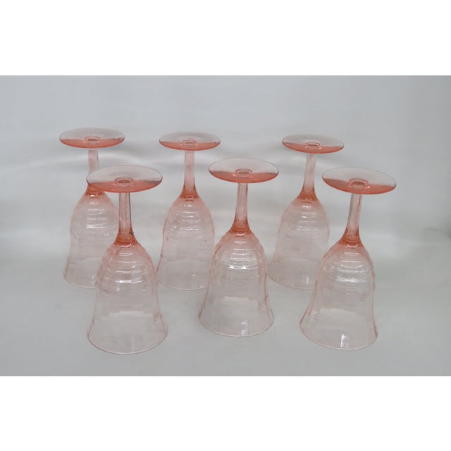 Early 20th Century Early 20th Century Pink Stem Depression Glass Ribbed Glassware Wine Water Drink Goblets 4752b - 6pc For Sale - Image 5 of 15