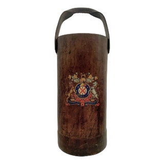 Early 20th Century Carryall Bucket Umbrella Stand Wood Covered With Leather Decorative English Royal Crest For Sale