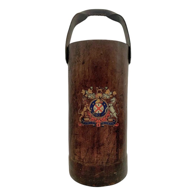 Early 20th Century Carryall Bucket Umbrella Stand Wood Covered With Leather Decorative English Royal Crest For Sale