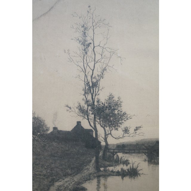 Printmaking Materials Antique Alfred J Haller Farmhouse Cottage Village Bridge Landscape Etching 22" For Sale - Image 7 of 12