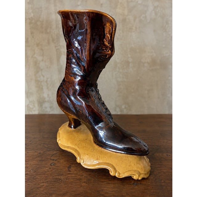 Victorian Vintage Victorian Button Boot Vase | Brown Art Pottery Figural Vase | Mid Century Ceramic Planter | Cottage Farmhouse Decor For Sale - Image 3 of 12