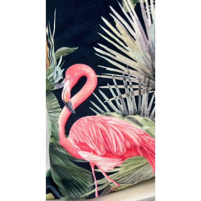 20" Square Decorative Throw Pillow With an Exotic Print Including Leopards, Parrots & Flamingos Among Lush Foliage - Made in the U K For Sale - Image 4 of 12