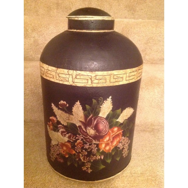 English Black Floral Design Tea Caddy For Sale - Image 10 of 13