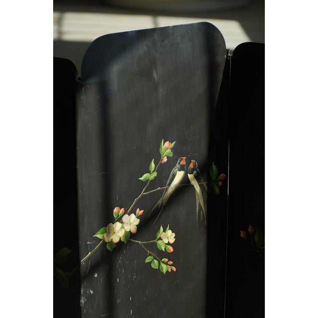 Hand-Painted Iron Folding Screen with Birds and Flowers, 1950s For Sale - Image 3 of 16