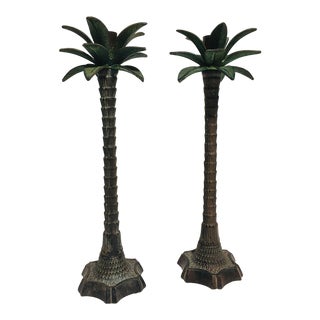 Pair of Vintage Palm Beach Style Palm Tree Candelsticks For Sale