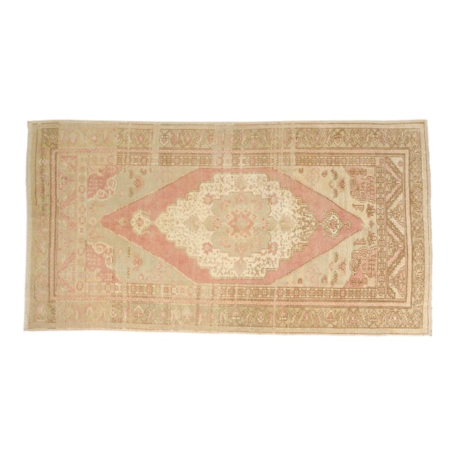 Muted Vintage Turkish Oushak Rug in Dusty Rose, Sand, and Champagne For Sale
