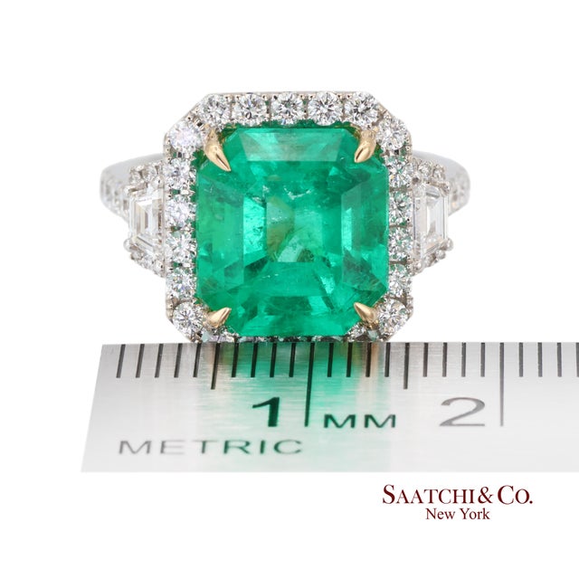 Gia 18k (750) White Gold Natural Colombian Emerald and Natural Diamond Ring, Size 6 For Sale - Image 11 of 12