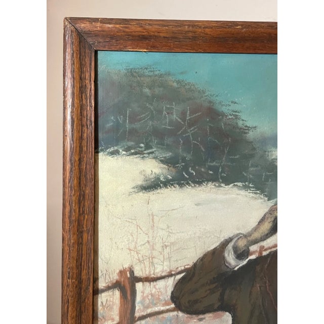 1940s Original Casey Man and Boy Hunting Snow Pastel Drawing Painting Folk Art For Sale - Image 10 of 15