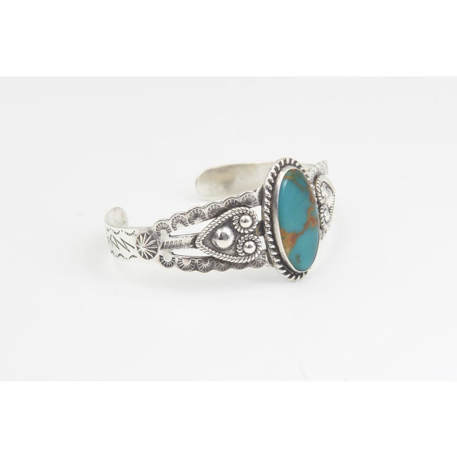 Rustic Vintage Southwestern Sterling Silver Turquoise Cuff Bracelet For Sale - Image 3 of 11