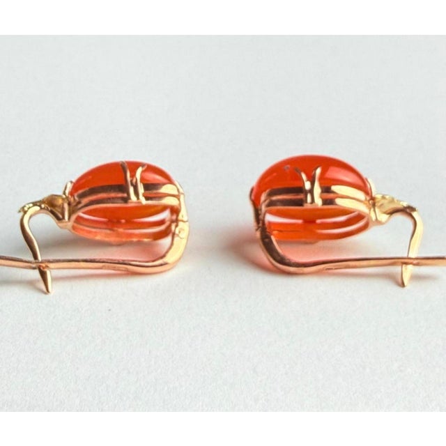 Metal 14k Rose Yellow Gold Floral Earrings Natural Carnelian Cabochons 20.40 Carats, A Pair For Sale - Image 7 of 9