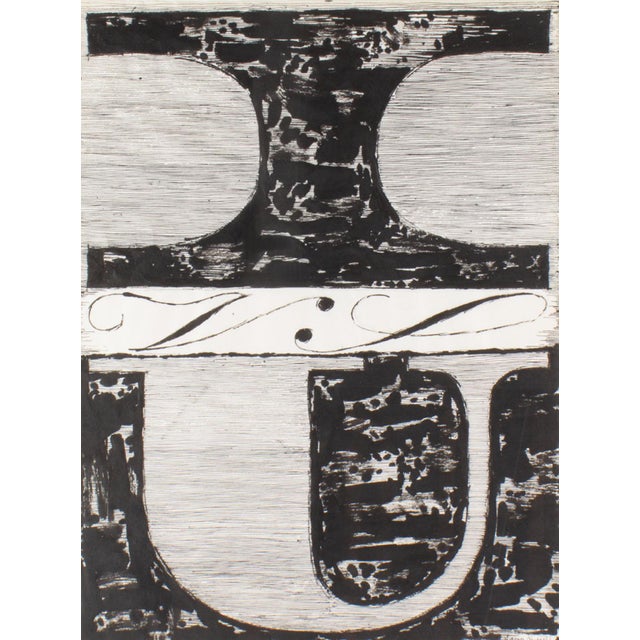 An ink drawing, titled "I vs. U" by the American artist James Spencer Russell (1915-2000). In black, white, and gray, this...