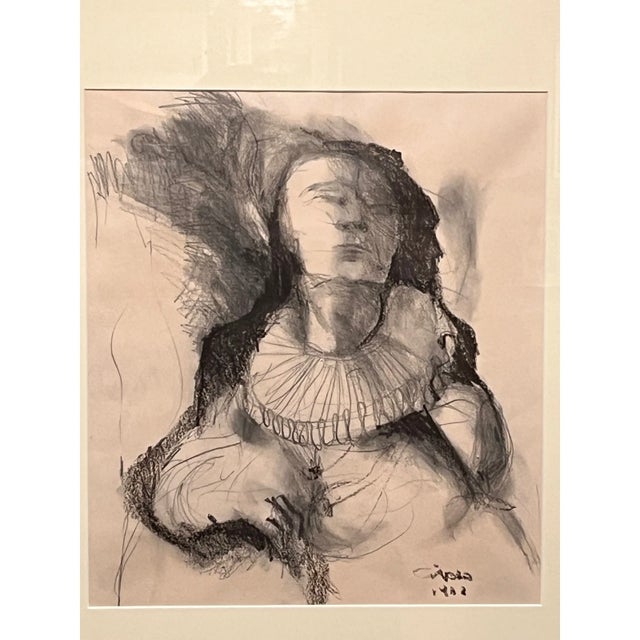 Renaissance Iranian Artist Original Charcoal Drawing Signed 1362 1983 Framed Figure Art For Sale - Image 3 of 6