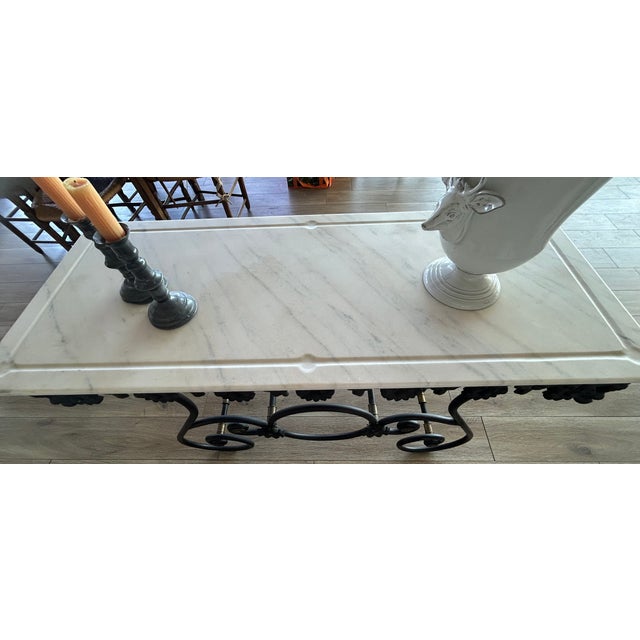 Traditional French Patisserie "Bakers" Table with white Carrera Marble top, pewter and rod iron finishings and copper...