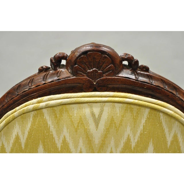 Antique French Louis XV Style Carved Walnut Yellow Fabric Boudoir Lounge Chair For Sale - Image 13 of 14