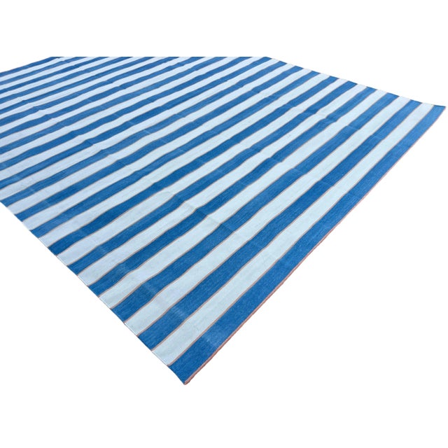 Handwoven Cotton Rug, Vegetable Dyed Sky Blue, Cream and Orange Striped Dhurrie - 10'x14' For Sale - Image 6 of 12