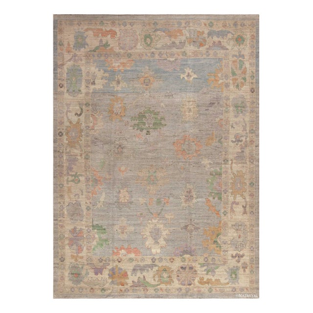 Soft Grey Tribal Room Size Turkish Oushak Design Modern Area Rug For Sale