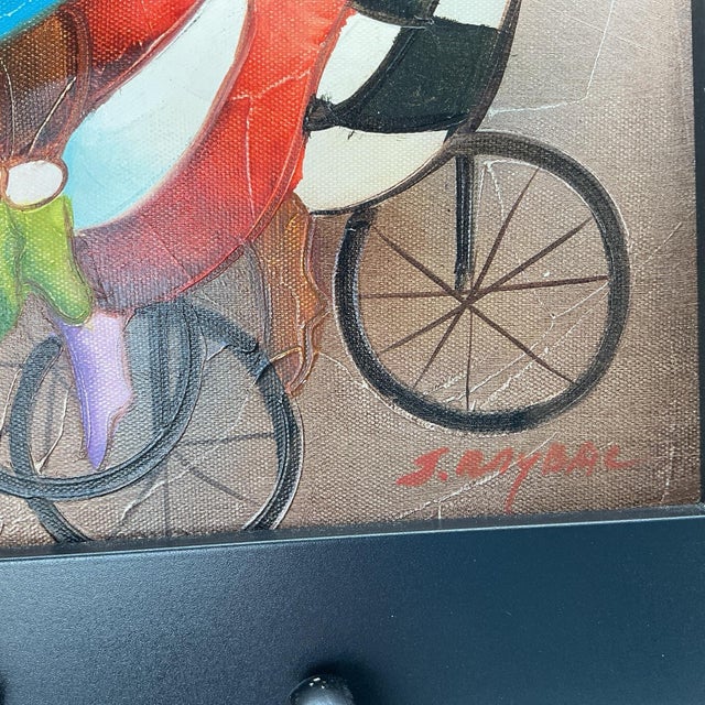 Signed Joyce Roybal Original Oil Painting Cyclists 9” X 7.5” Vintage Folk Art For Sale - Image 4 of 6