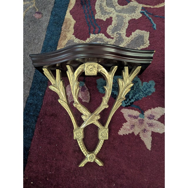 1990s Vintage Chelsea House Polished Brass Laurel Leaves and Wood Decorative Wall Brackets- A Pair For Sale - Image 5 of 17