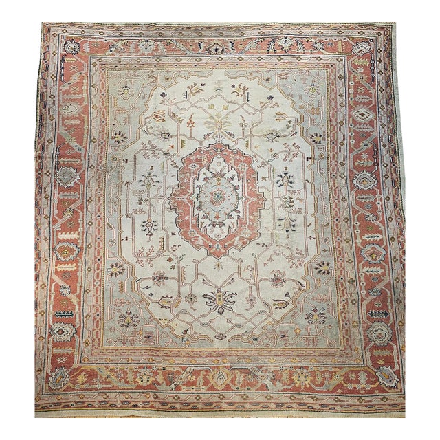 Vintage Turkish Oushak Rug, Hand-Knotted Geometric Pattern, Ivory & Brick Red, 12' X 14' For Sale